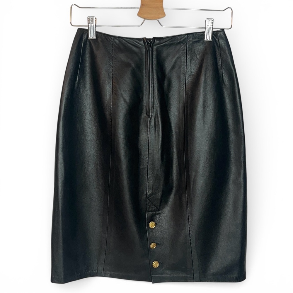 Vintage 90s Black Leather Midi High Rise Mini Pencil Skirt Gold Buttons 4